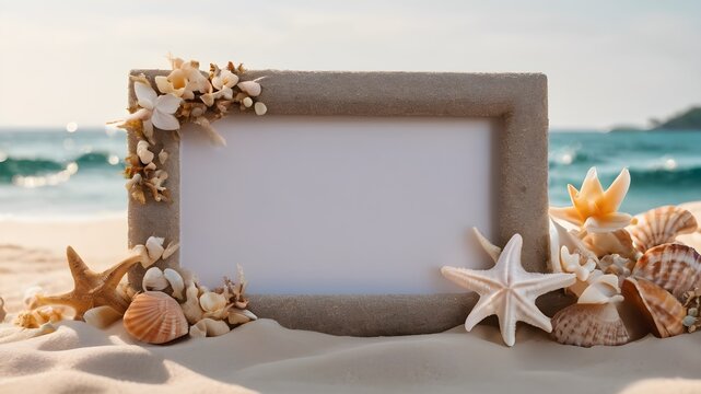 frame on the beach blue of a sunset , mock up frame 