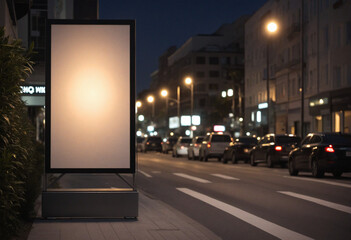 Nighttime city street with a blank billboard and bokeh lights