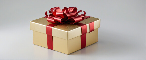 "Modern Christmas gift box adorned with contemporary gold ribbon in a sleek, white interior living room"