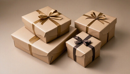 Obraz premium A duo of rustic brown gift boxes adorned with ribbons, isolated on a white background 
