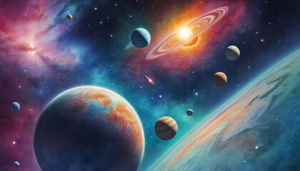 Colorful watercolor planets in cosmic alignment create a stunning wallpaper design for your space-themed art wall 