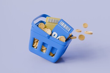 3d minimal cartoon blue coupon voucher ticket with a basket cart and coin inside and falling a basket for online shopping icon. 3d rendering.