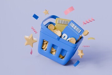 3d minimal cartoon blue coupon voucher ticket with a basket cart and coin inside and falling a basket for online shopping icon. 3d rendering.