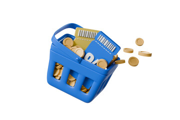 3d minimal cartoon blue coupon voucher ticket with a basket cart and coin inside and falling a basket for online shopping icon. 3d rendering. © Theeraphat