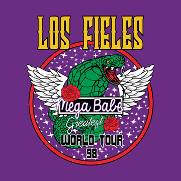 vector image snake with wings, written los faithfuls mega babe greatest world tour 98, print style. Vector for silkscreen, dtg, dtf, t-shirts, signs, banners, Subimation Jobs or for any application.