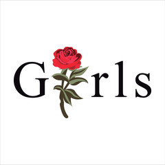 vector image written girl with red rose bud in place of the letter i, embroidered style. Vector for silkscreen, dtg, dtf, t-shirts, signs, banners, Subimation Jobs or for any application