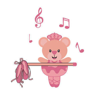 vector image of a little pink ballerina, with musical notes and dangling shoe, print style. Vector for silkscreen, dtg, dtf, t-shirts, signs, banners, Subimation Jobs or for any application