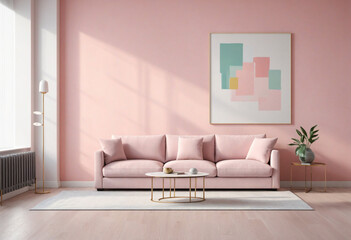 Living room in pastel colors with sofa and painting on a wall 3D render