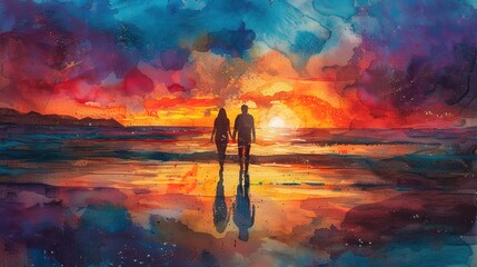 Romantic beach sunset, a couple walking hand-in-hand along the shoreline, their silhouettes against the colorful sky -