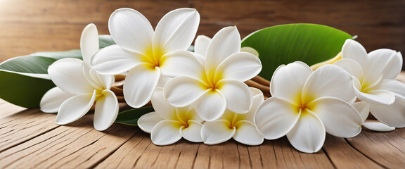 Obraz premium Tropical spa relaxation: Tranquil frangipani flowers on wooden table with white background