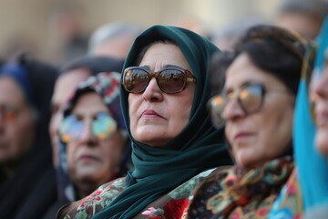 A group of women gathered together, all wearing sunglasses and scarves. - obrazy, fototapety, plakaty