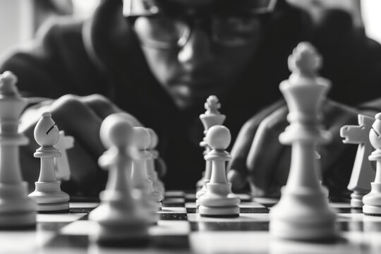 A black and white photo capturing a man engaged in a game of chess.