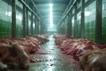 Beef and cattle, in a dirty slaughterhouse with few hygienic conditions. - obrazy, fototapety, plakaty