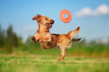 A dog leaps into the air, displaying impressive agility, as it catches a frisbee mid-flight. - obrazy, fototapety, plakaty