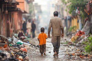 A man and child walk barefoot together down a dirty street, in pakistan. - obrazy, fototapety, plakaty