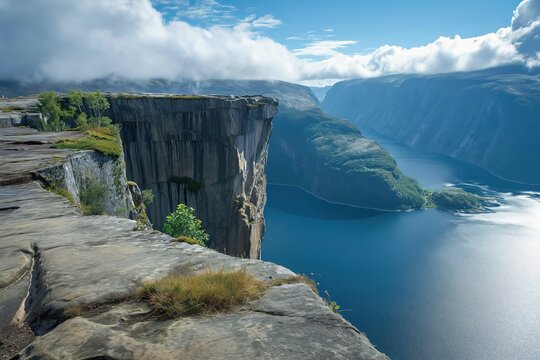 A towering cliff offers a breathtaking view of a body of water surrounded by majestic mountains.