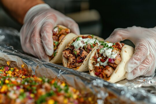 A person wearing white gloves adds various toppings to a delicious burrito.
