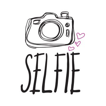 vector image of camera design with selfie written, with pink hearts, print style.Vector for silkscreen, dtg, dtf, t-shirts, signs, banners, Subimation Jobs or for any application