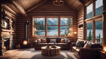 cozy log cabin interior living room with sofa and fire place and window view of mountains and lake, mockup

