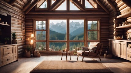 Fototapeta na wymiar cozy log cabin interior living room with sofa and fire place and window view of mountains and lake, mockup