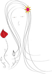 abstract vector of long haired woman with a red rose, sketchy, embroidery style. Vector for silkscreen, dtg, dtf, t-shirts, signs, banners, Subimation Jobs or for any application