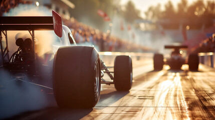 A vintage open-wheel race car performs a burnout on the track, with large slick tires and aerodynamic design, at a formula racing event, evoking the classic era of - obrazy, fototapety, plakaty
