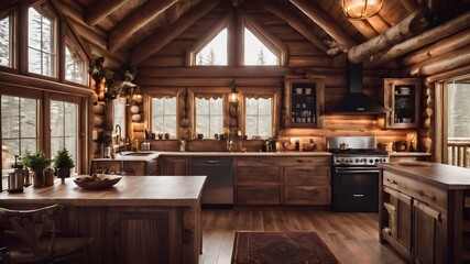cozy log cabin interior kitchen and  window view of mountains and lake, mockup
 - obrazy, fototapety, plakaty
