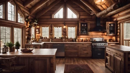 Foto op Canvas cozy log cabin interior kitchen and  window view of mountains and lake, mockup  © monu
