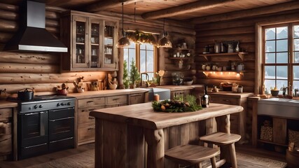 cozy log cabin interior kitchen and  window view of mountains and lake, mockup

