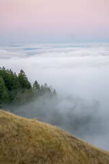 fog climbing up mountains through the trees during susnet