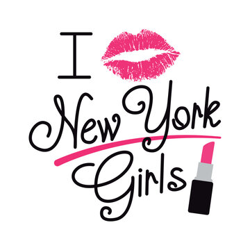 vector image of a red kiss and lipstick with the words I kisses new york girls, embroidered style. Vector for silkscreen, dtg, dtf, t-shirts, signs, banners, Subimation Jobs or for any application