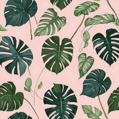 Exotic tropical floral pattern design featuring Monstera deliciosa leaves on a light pink background for seamless fabric print, web banners, and gift packaging, with a retro jungle vibe  © SR07XC3