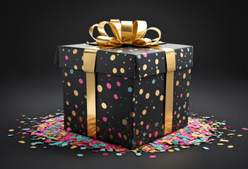 Celebrate the holiday season with a beautifully wrapped gift box filled with surprises and confetti, perfect for Black Friday shopping and Cyber Monday deals 