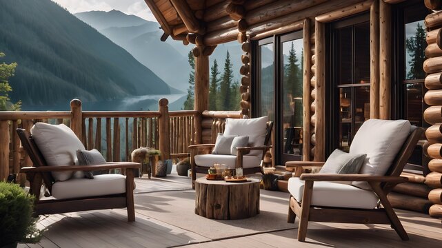 Fototapeta cozy log cabin interior outdoor terrace and fire place and window view of mountains and lake, mockup