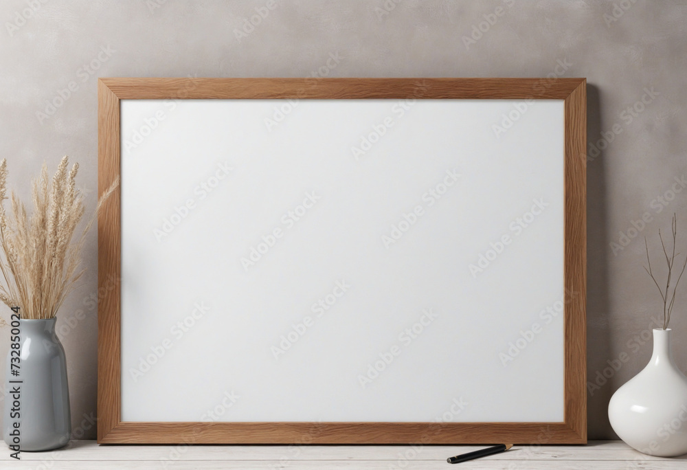 Poster a minimalistic white canvas in a rustic wooden frame, ready for customization and display in a home 