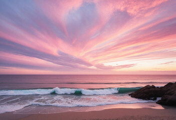 Naklejka premium Pink and Dreamy Sunset Skies over the Serene California Coastline kissed by Generative AI