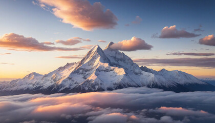 Stunning Panoramic View from High Above the Clouds at Sunset over Snow-capped Mountain Peak - Powered by Adobe