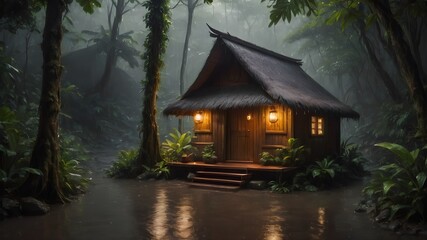 small cabin in the  dark raining woods , enchanted  theme 