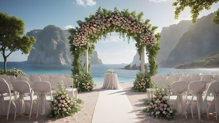 A beautiful decorative arch with colourful flowers standing on the beach with walkway for a wedding...
