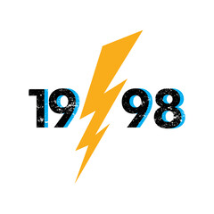 vector image with the year 1998 and a lightning bolt in the middle, print style. Vector for silkscreen, dtg, dtf, t-shirts, signs, banners, Subimation Jobs or for any application