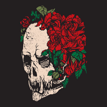 vector image with a scary skull covered with red roses and green leaves embroidery style.Vector for silkscreen, dtg, dtf, t-shirts, signs, banners, Subimation Jobs or for any application