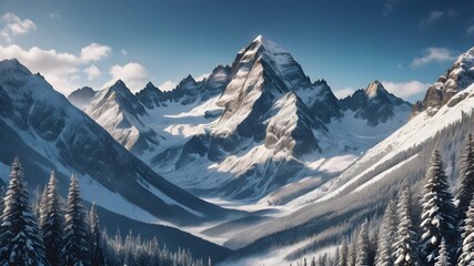 a panoramic view of snowy mountains with snow covered peaks covered with fog and snow in winters
