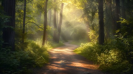 Sun-dappled forest path, early morning mist rising, birds chirping softly, serene and inviting for a tranquil walk - obrazy, fototapety, plakaty