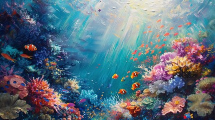 Fototapeta na wymiar Sunlight filtering through the ocean surface, illuminating a vibrant coral reef bustling with colorful marine life