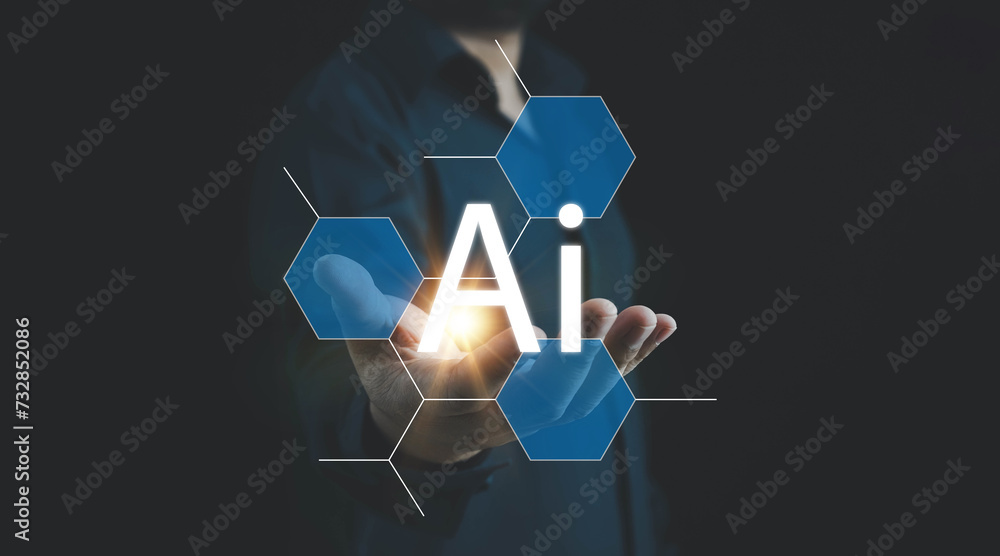 Poster ai technology, businessman show virtual graphic global internet connect chat with ai,artificial inte