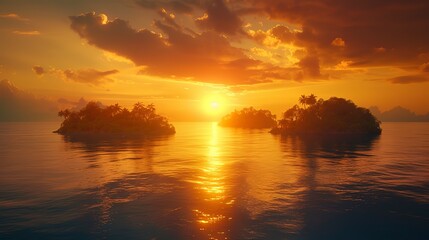 Sunset casting golden light over a chain of islands, their shadows long in the water, a peaceful end to the day in paradise -