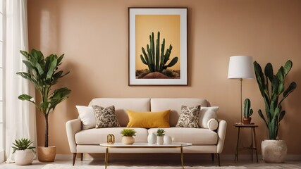 Retro interior design of living room with stylish vintage sofa and table, plants, cacti, personal accessories and gold mock up poster frame on the beige wall. Elegant home decor.