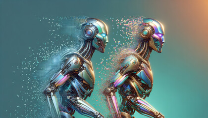 Y2K-inspired exoskeletons with digital disintegration on serene backdrop.