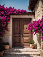 Fototapeta na wymiar wooden door on a white wall, with blooming bougainvillea
