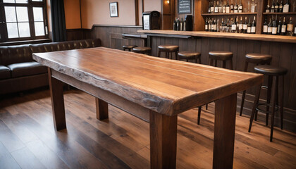 An elegant wooden dining table set in a cozy bar setting with a blurred backdrop 